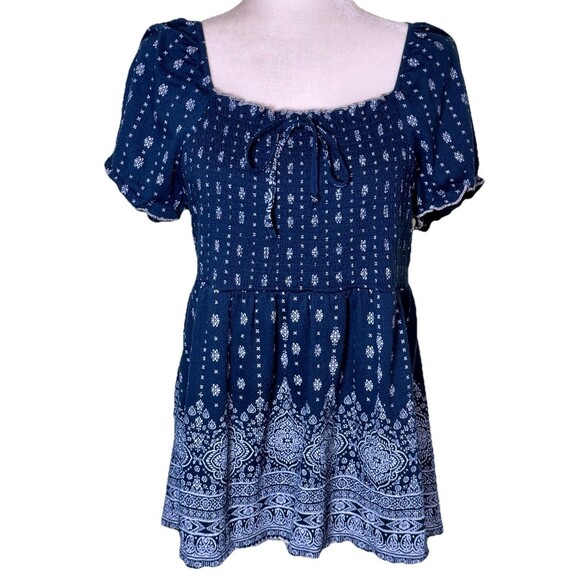 Women’s Boho Smocked Peasant Top Bandana Print Puff Sleeve Festival Paisley XL - Picture 1 of 8